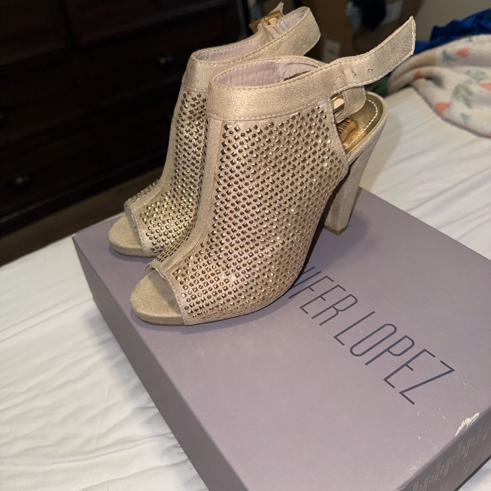 Jennifer Lopez Gold Studded Peep Toe Heels